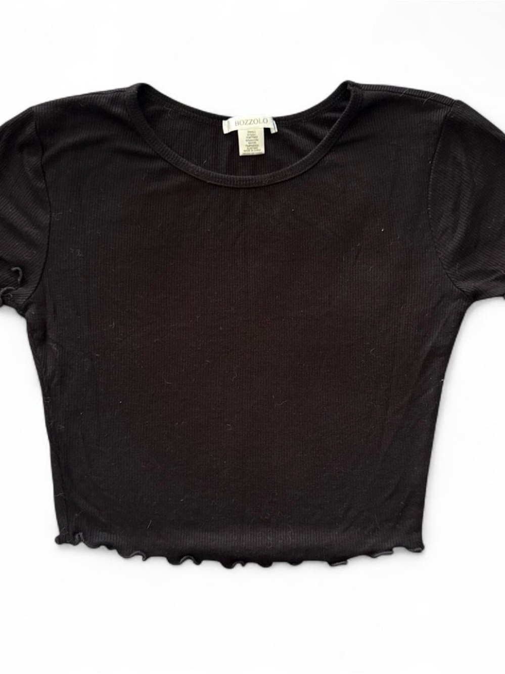 Bozzolo Black Ribbed Short Sleeve Crop Top with Lettuce Hem